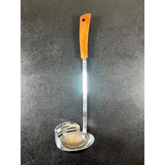 VTG Ladle Strainer Bakelite Brown Butterscotch Swirl Handle Stainless Steel MCM - Picture 1 of 16